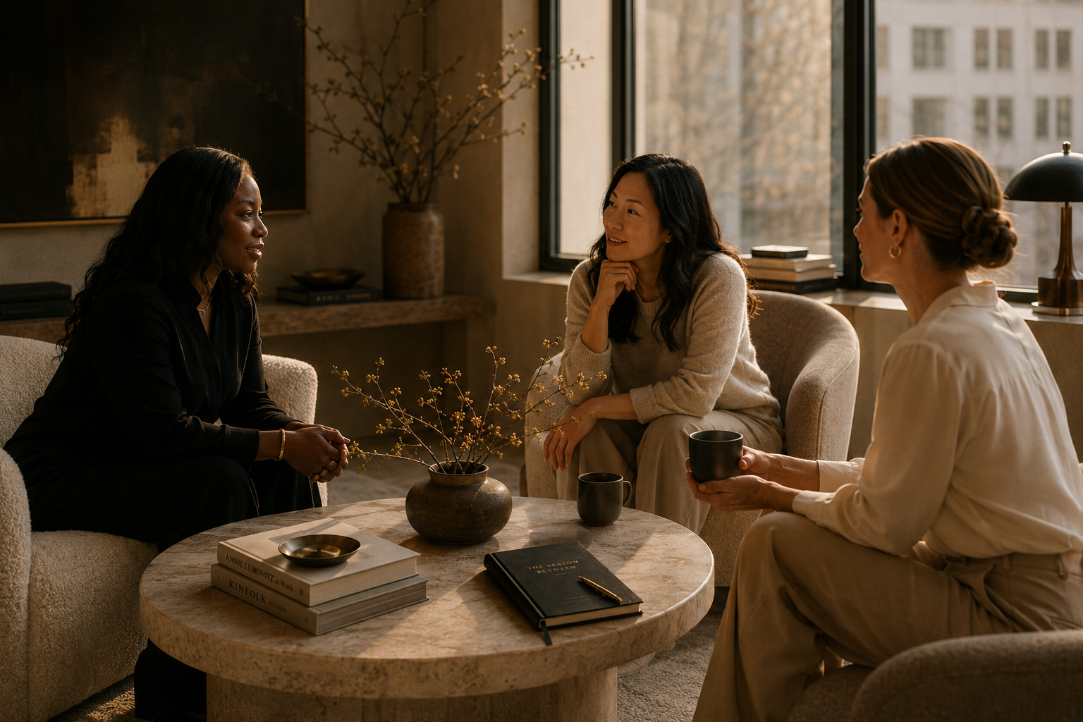 Three women in thoughtful conversation